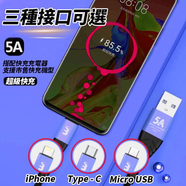 5A 充電線 快充線 傳輸線 1米 高速充電 iPhone Type C 安卓 布紋編織 鋁合金 盒裝